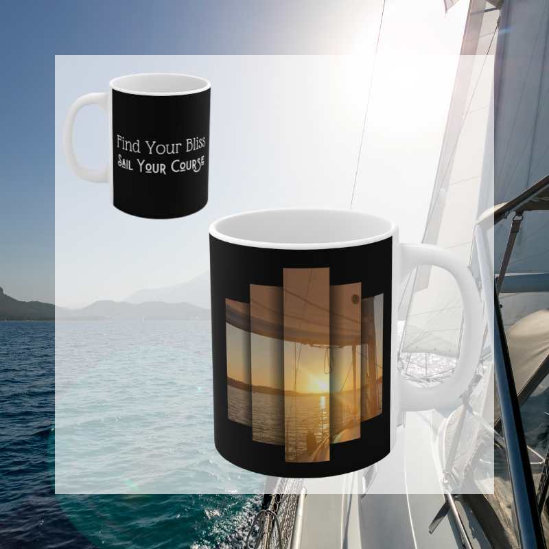 Elegant black coffee mug featuring the motivational text 'Find Your Bliss, Sail Your Course' alongside a serene sunset sailing scene, perfect for adventurers and dreamers.