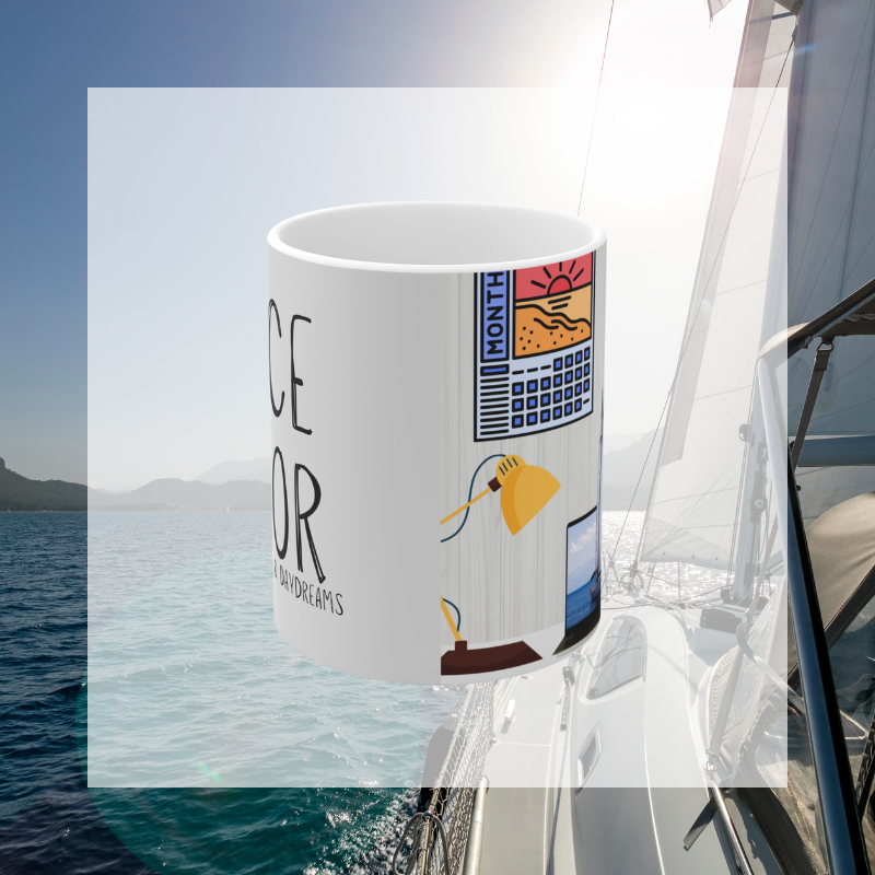 Light gray coffee mug with the text 'Office Sailor: Navigating Deadlines & Daydreams,' featuring a design of a sailboat on a computer screen, blending work-life with nautical inspiration.