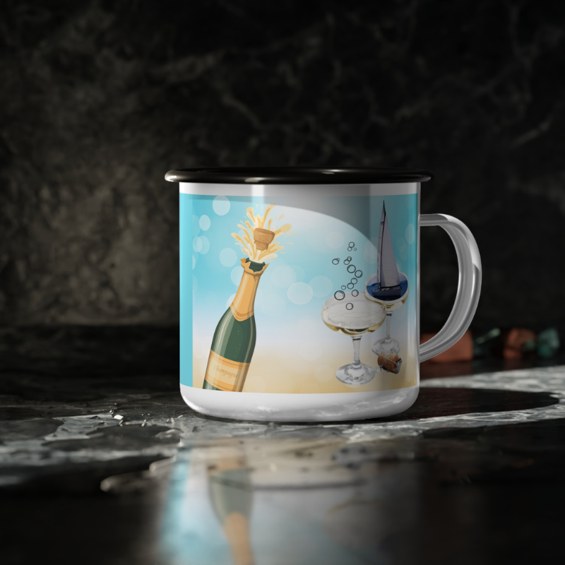 Charming enamel mug set featuring a 'Champagne Sailing' theme, with one side showcasing elegant text 'Sail into bubbles and bliss' on a turquoise background, and the other displaying a whimsical design of champagne glasses, a sailboat, and a popping bottle, set against a bubbly ocean-inspired backdrop.