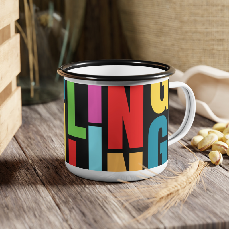 Colorful enamel mug with bold, vibrant 'SAILING' text design in a modern block font, perfect for nautical enthusiasts and lovers of bright, eye-catching patterns, captured against a serene sailing backdrop.