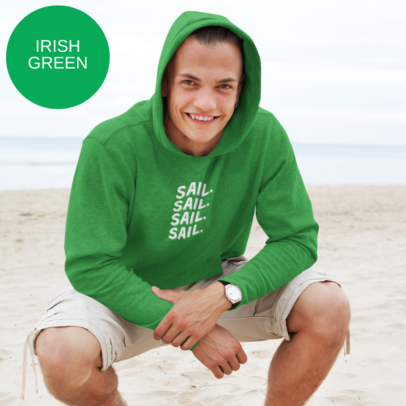 Irish green hoodie with bold white text 'SAIL. SAIL. SAIL. SAIL.' repeated vertically, perfect for sailing enthusiasts seeking style and comfort.