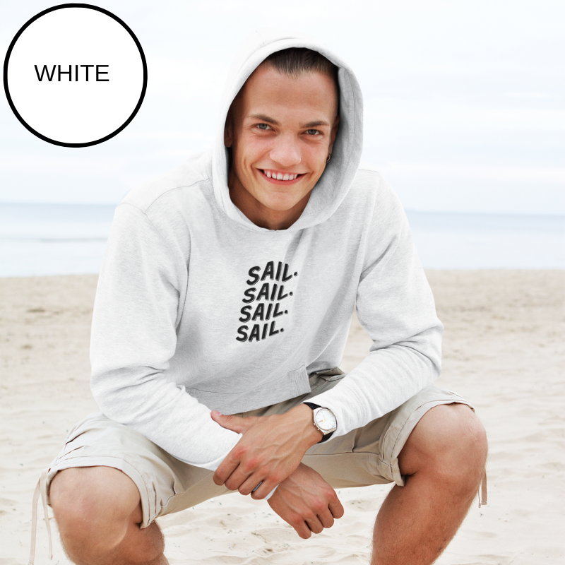 White hoodie with bold white text 'SAIL. SAIL. SAIL. SAIL.' repeated vertically, perfect for sailing enthusiasts seeking style and comfort.