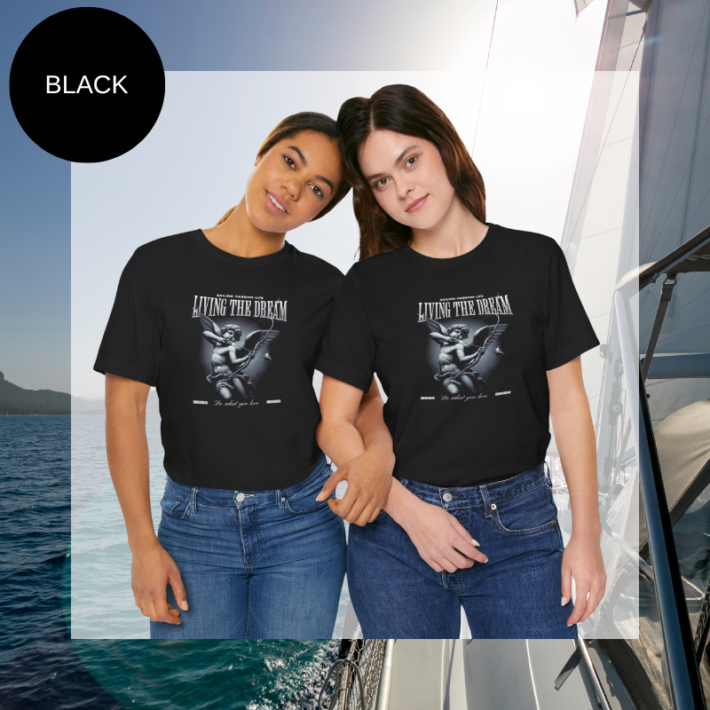 Black t-shirt featuring a detailed artistic design of a classical statue holding a bow, accompanied by the text 'Living the Dream' and the tagline 'Do what you love.' A sophisticated and timeless piece for sailing enthusiasts who embrace passion and lifestyle.