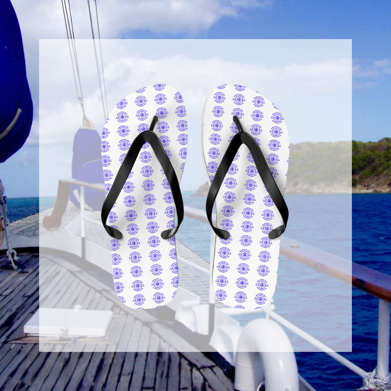 White flip-flops with a blue nautical pattern, ideal for sailors and ocean lovers seeking stylish comfort.