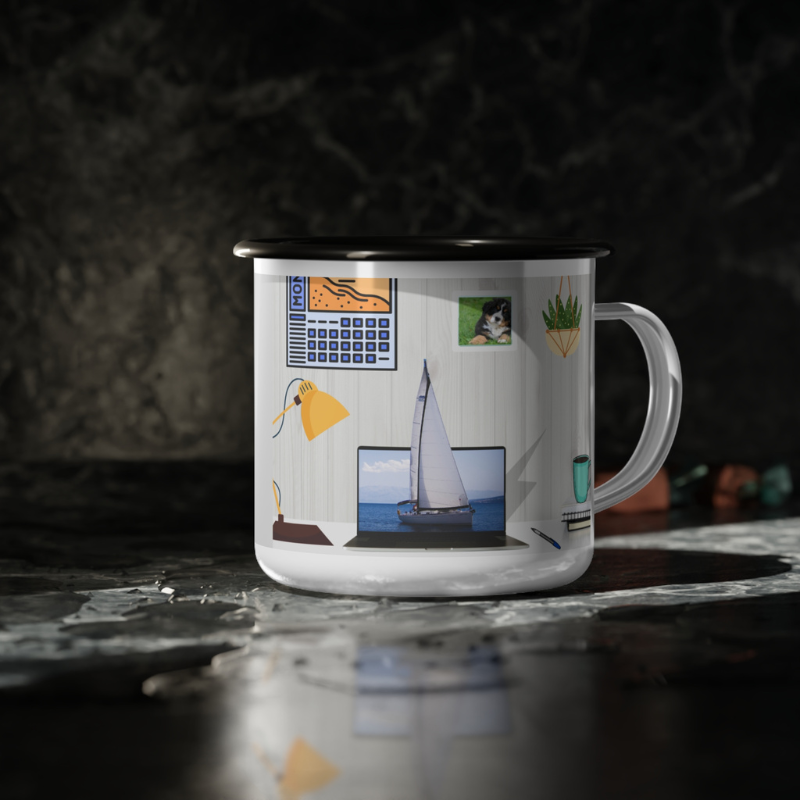 Enamel mug with the text 'Office Sailor: Navigating Deadlines & Daydreams,' featuring a playful office scene with nautical decor, including a sailboat, calendar, and plant accents—perfect for bringing a touch of sailing inspiration to your workspace.