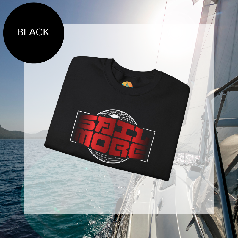 Men's black sweatshirt with a bold red and white 'Sail More' print featuring a globe-inspired design, perfect for sailing enthusiasts.