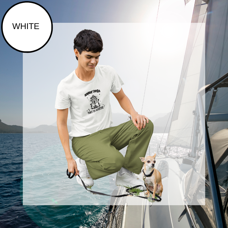 White t-shirt featuring a nautical-themed design with the text 'Sailor Dogs' and 'Paws for Adventure.' The graphic includes an illustration of a dog wearing a captain's hat, surrounded by playful nautical elements. Perfect for dog lovers and sailing enthusiasts.