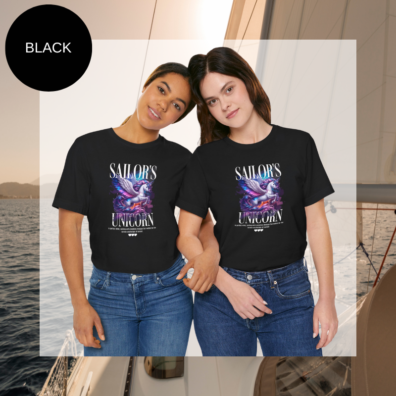 Black t-shirt featuring a vibrant illustration of a majestic unicorn with wings, surrounded by colorful nautical elements. The design includes the text 'Sailor's Unicorn' and a whimsical tagline celebrating the mythical magic of the seas. A perfect gift for sailors with a love for fantasy.