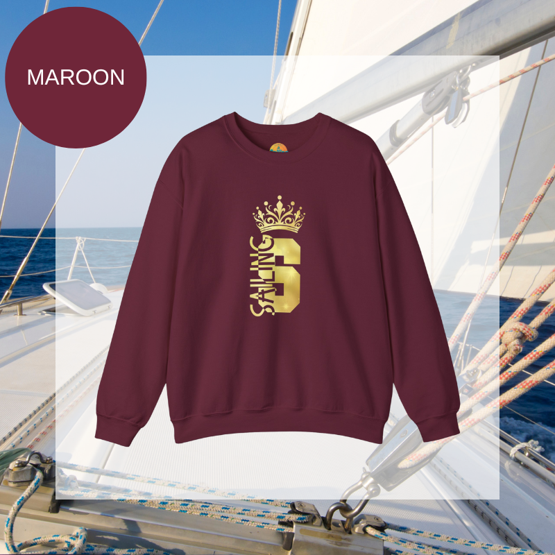 Women's maroon red sweatshirt with a golden 'Sailing Queen' design featuring a crown, perfect for sailing enthusiasts and casual wear.