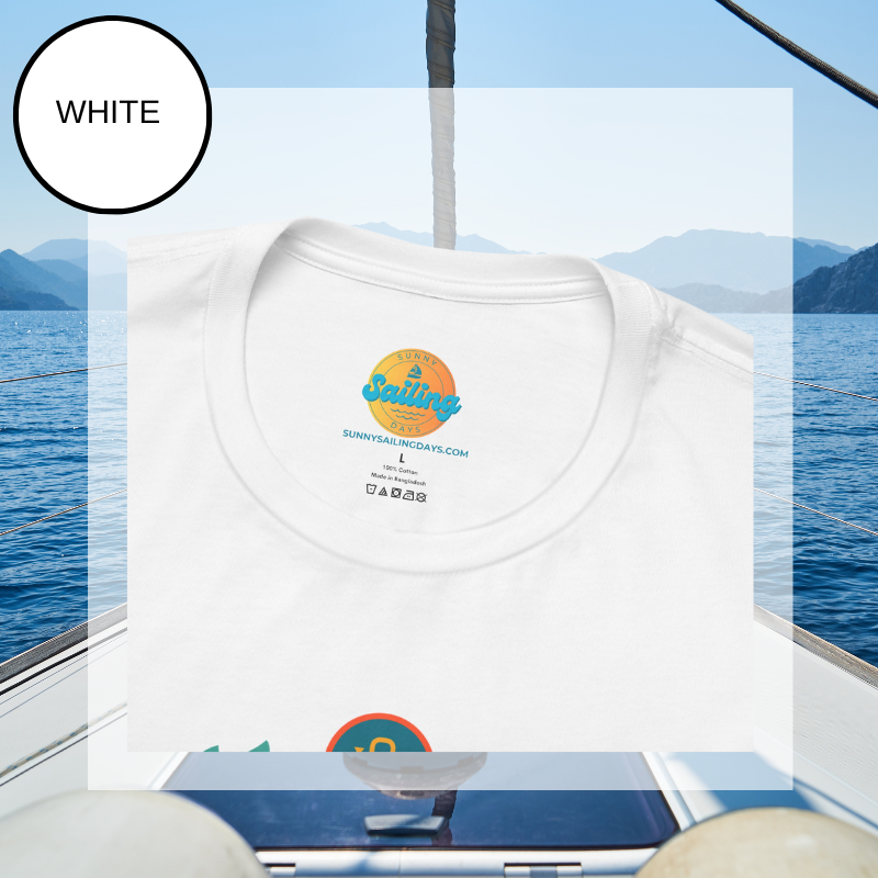 White unisex t-shirt featuring a vibrant 'Sailyacht Community' design with a sailboat, laurel wreath, and retro sunset, displayed on a yacht deck background.