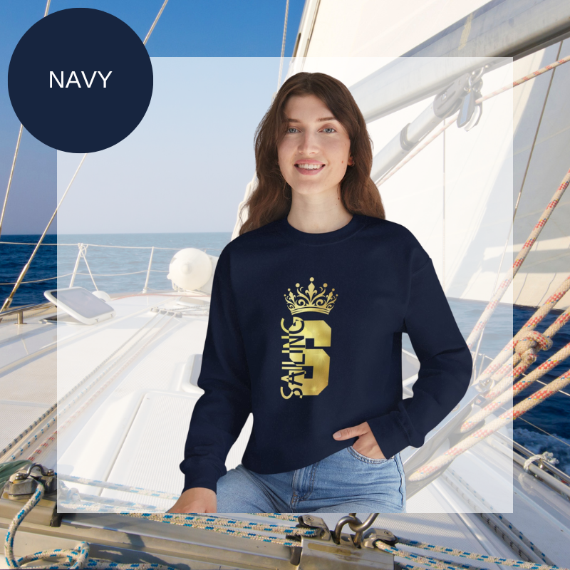 Women's navy sweatshirt with a golden 'Sailing Queen' design featuring a crown, perfect for sailing enthusiasts and casual wear.