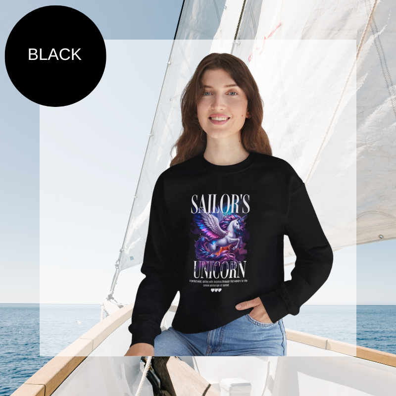 Women's black sweatshirt featuring a vibrant "Sailor's Unicorn" design with a mystical unicorn and text celebrating the perfect sailing journey. Ideal for cozy and stylish sailing enthusiasts.