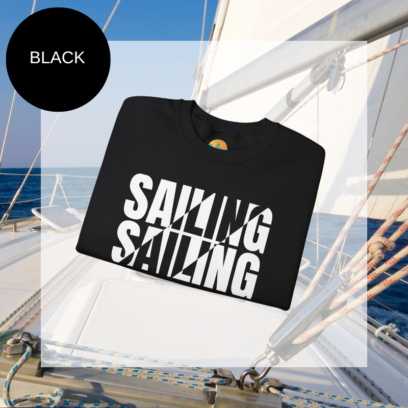 A black men's sweatshirt with a bold white "SAILING" split text design, displayed against a sailing yacht background.