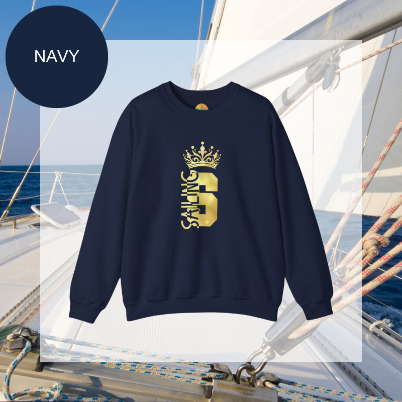 Women's navy sweatshirt with a golden 'Sailing Queen' design featuring a crown, perfect for sailing enthusiasts and casual wear.