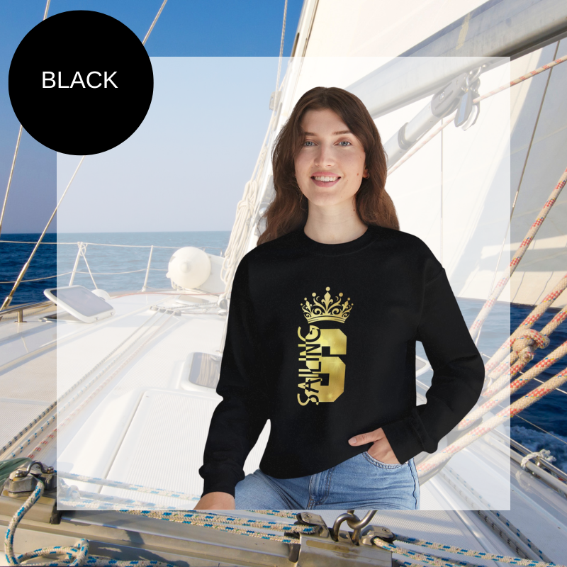 Women's black sweatshirt with a golden 'Sailing Queen' design featuring a crown, perfect for sailing enthusiasts and casual wear.