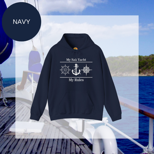 Navy blue hoodie featuring a nautical-themed design with ship wheel, an anchor, a compass rose and the text 'My Sail Yacht, My Rules,' perfect for passionate sailors and yacht enthusiasts.