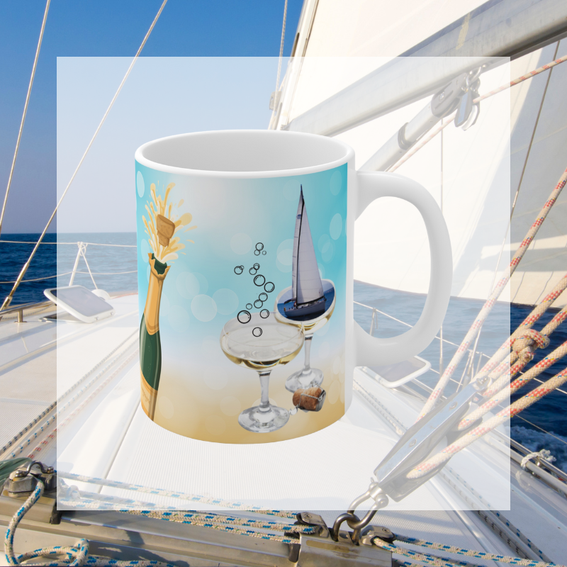 Elegant coffee mug featuring a 'Champagne Sailing' design with text 'Sail into Bubbles and Bliss,' complemented by a champagne bottle and glass illustration. Perfect for sailing enthusiasts who love to celebrate in style.