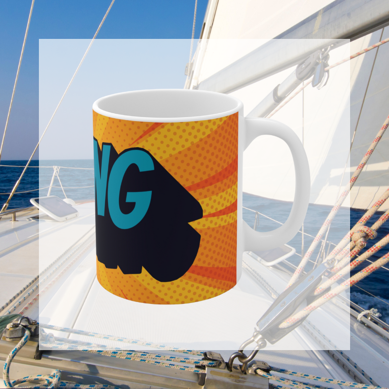 Vibrant coffee mug featuring a comic book-style design with bold, colorful Sailing text and dynamic orange and yellow background. Perfect for adding a splash of fun to your daily coffee routine.