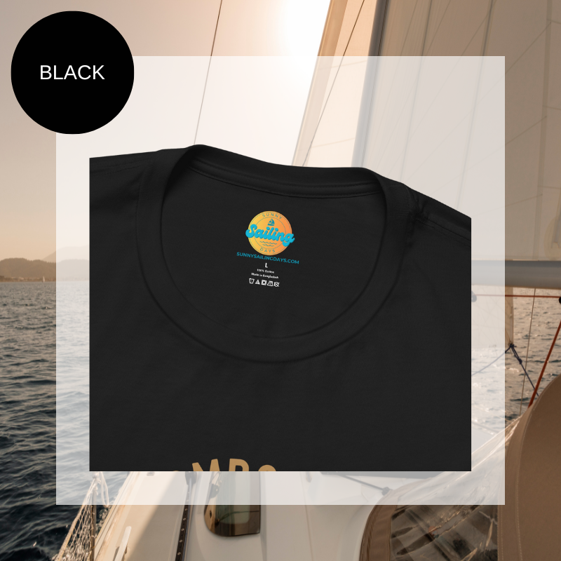 Black t-shirt featuring a minimalist design with the text 'Champagne Sailing' in elegant gold lettering and a simple champagne glass icon, perfect for lovers of luxurious sailing vibes.
