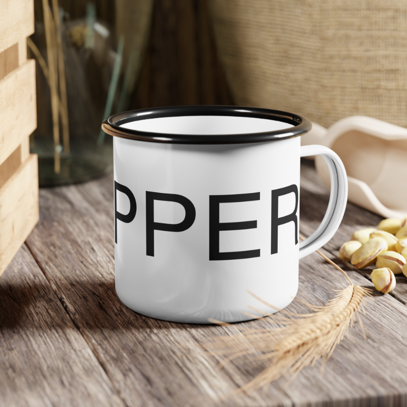 Minimalist enamel mug featuring the bold text 'SKIPPER,' perfect for captains and sailing enthusiasts who love simple yet impactful designs.