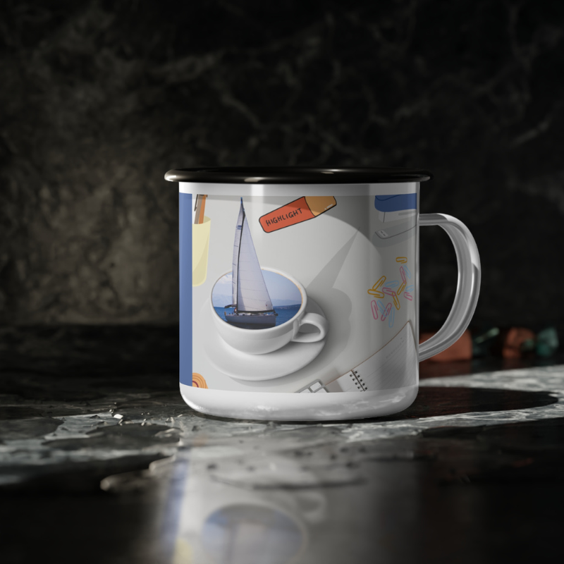 Charming enamel mug featuring 'Office Sailor' text and a playful desk illustration with nautical details, perfect for navigating your daydreams and deadlines with style.