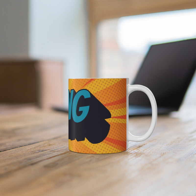 Vibrant coffee mug featuring a comic book-style design with bold, colorful Sailing text and dynamic orange and yellow background. Perfect for adding a splash of fun to your daily coffee routine.