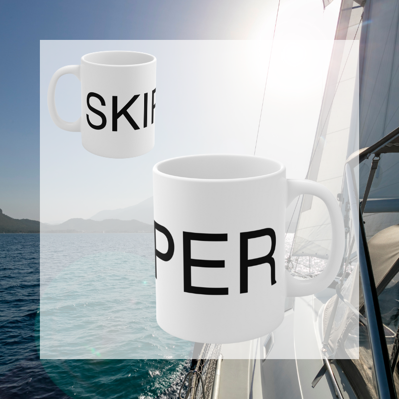 Minimalistic white coffee mug featuring bold black text that reads 'SKIPPER,' perfect for sailors and nautical enthusiasts
