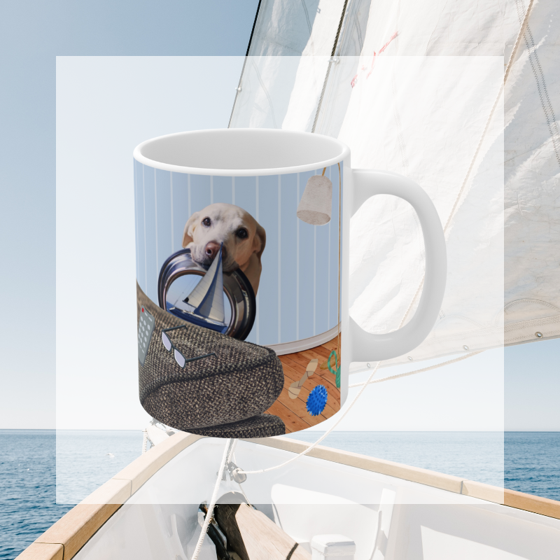 Light blue coffee mug featuring the text 'Salty Dogs Sailing on a Sea of Treats' with a playful illustration of a dog holding a food bowl with a sailboat in it, perfect for dog-loving sailors.
