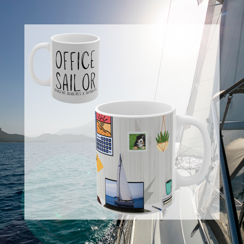 Light gray coffee mug with the text 'Office Sailor: Navigating Deadlines & Daydreams,' featuring a design of a sailboat on a computer screen, blending work-life with nautical inspiration.