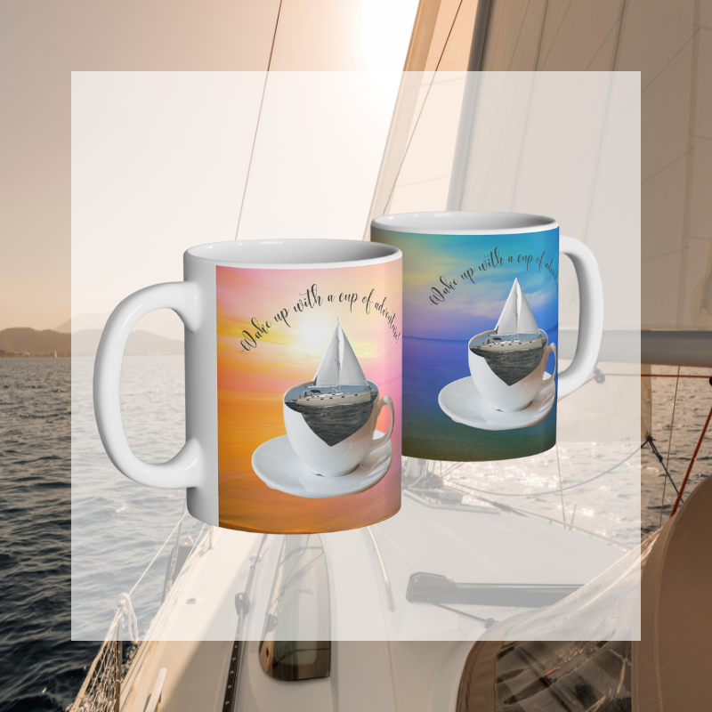 Scenic coffee mug featuring a sailboat floating in a coffee cup with the text 'Wake up with a cup of adventure,' perfect for sailors and dreamers.