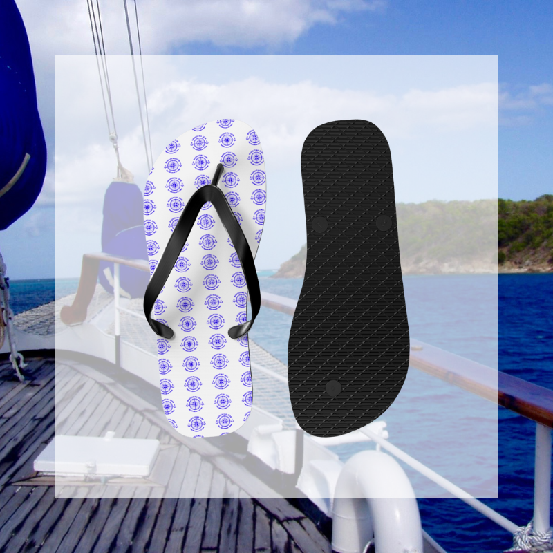 White flip-flops with a blue nautical pattern, ideal for sailors and ocean lovers seeking stylish comfort.