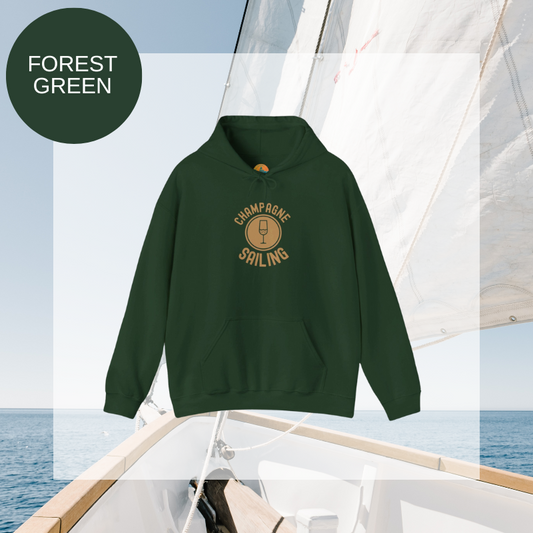 Forest green hoodie featuring the elegant 'Champagne Sailing' design with a gold champagne glass icon, perfect for those who love luxurious sailing adventures.