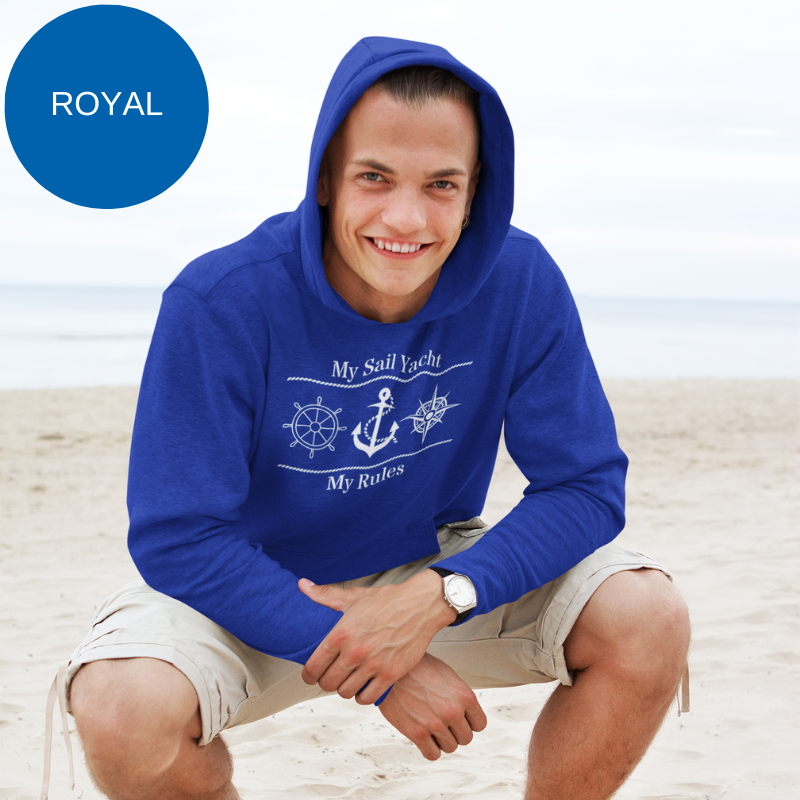 Royal blue hoodie featuring a nautical-themed design with ship wheel, an anchor, a compass rose and the text 'My Sail Yacht, My Rules,' perfect for passionate sailors and yacht enthusiasts.