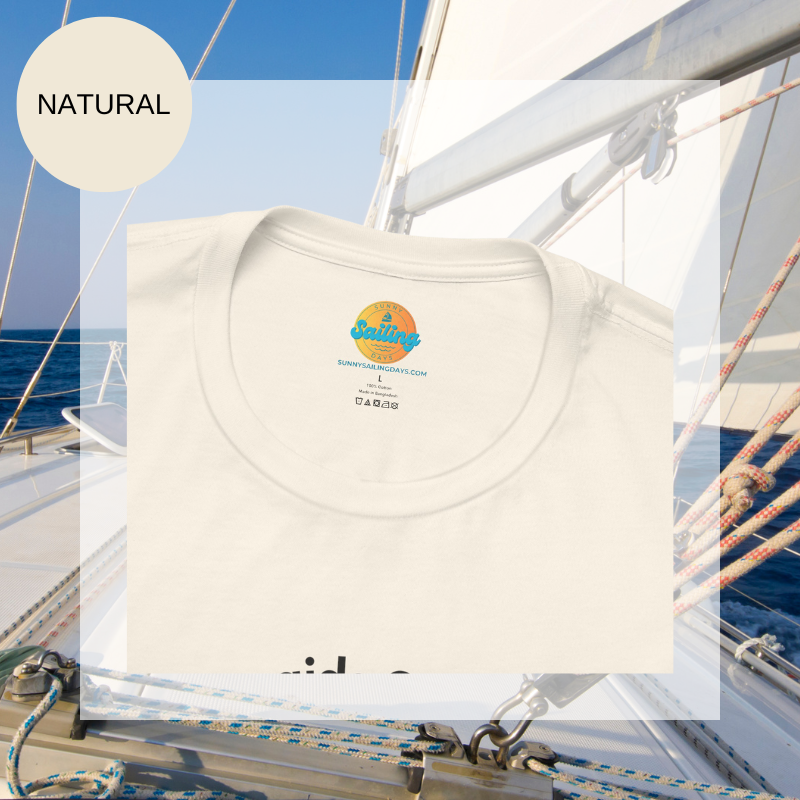Natural white unisex t-shirt featuring a whimsical mermaid design with the text 'Where Mermaids Guide the Way, Sailors Find Their Haven,' displayed on a yacht deck background.