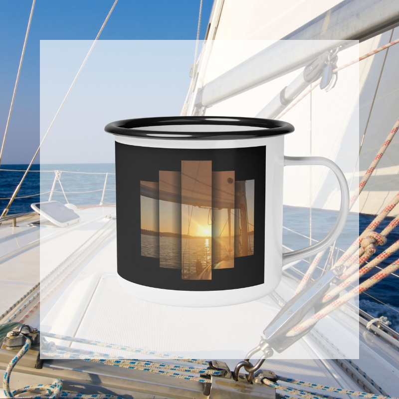 Enamel mug with a serene sailing design featuring a stunning sunset view through sail panels and the inspiring phrase 'Find Your Bliss, Sail Your Course'—ideal for adventurers and dreamers alike.