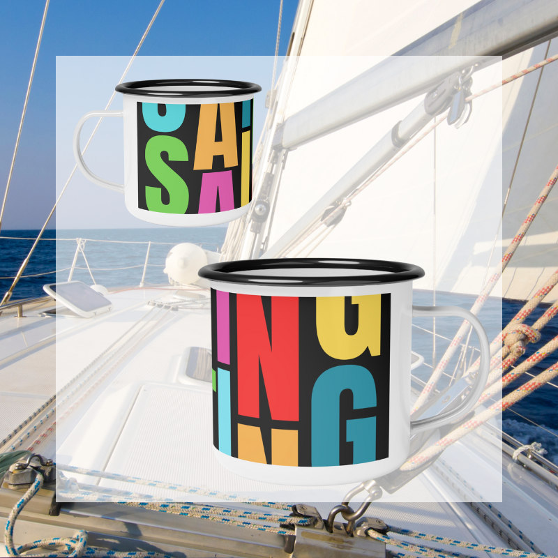 Colorful enamel mug with bold, vibrant 'SAILING' text design in a modern block font, perfect for nautical enthusiasts and lovers of bright, eye-catching patterns, captured against a serene sailing backdrop.