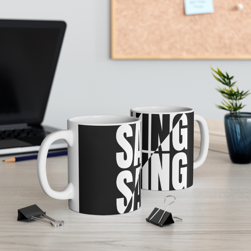 Modern sailing-themed coffee mug with bold black and white typography reading 'SAILING,' perfect for nautical enthusiasts and coffee lovers alike.