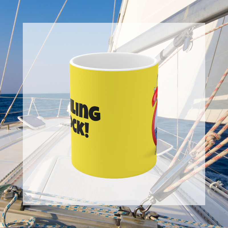 Bright yellow coffee mug featuring the playful text 'It's Sailing O'Clock!' and an alarm clock design with a sailboat inside, perfect for sailing enthusiasts ready to set sail at any time