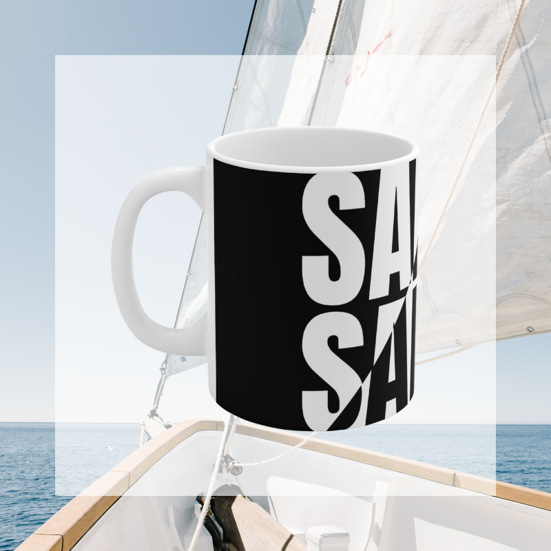 Modern sailing-themed coffee mug with bold black and white typography reading 'SAILING,' perfect for nautical enthusiasts and coffee lovers alike.