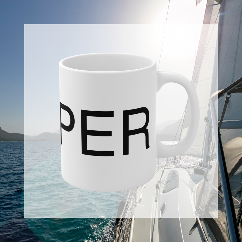 Minimalistic white coffee mug featuring bold black text that reads 'SKIPPER,' perfect for sailors and nautical enthusiasts