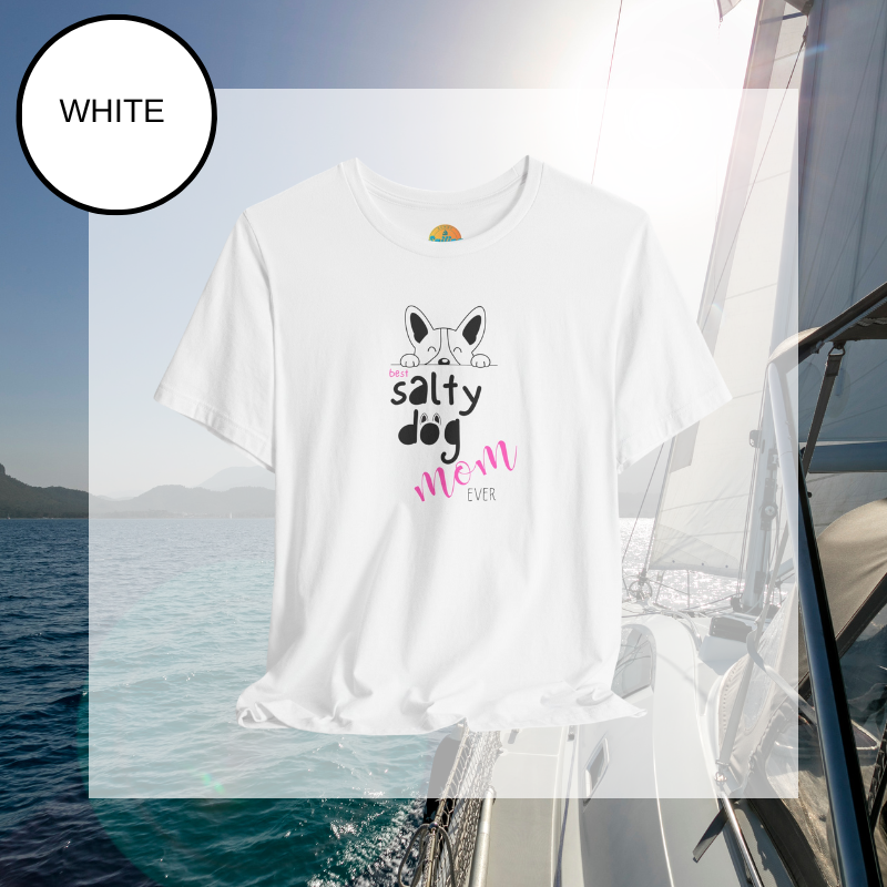 White t-shirt featuring a cute dog illustration with the phrase 'Best Salty Dog Mom Ever' in a playful font, accented with pink and paw print details.