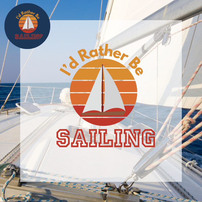 White stainless steel water bottle featuring a sunset gradient background with a sailboat graphic and the text 'I'd Rather Be Sailing,' perfect for expressing your love for the sea.