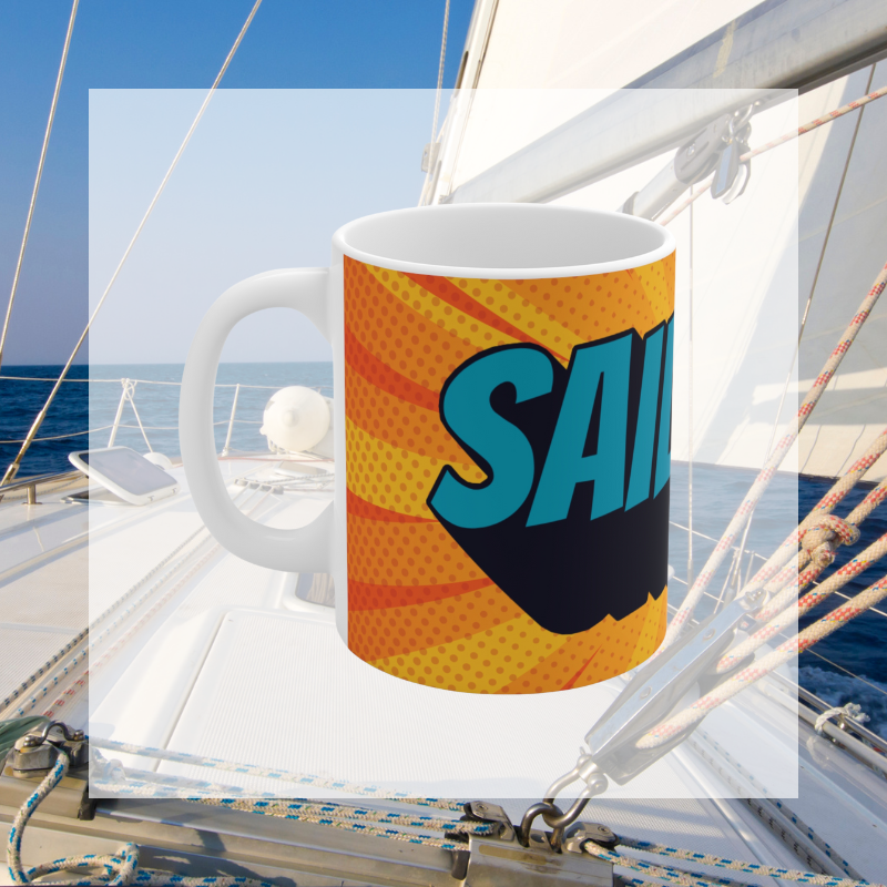 Vibrant coffee mug featuring a comic book-style design with bold, colorful Sailing text and dynamic orange and yellow background. Perfect for adding a splash of fun to your daily coffee routine.