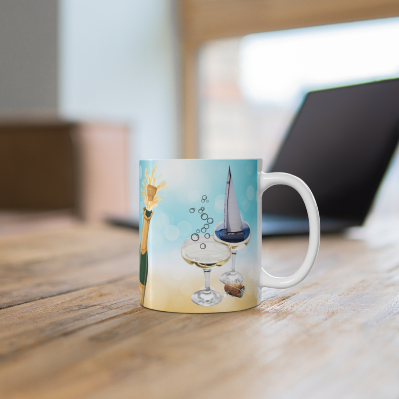 Elegant coffee mug featuring a 'Champagne Sailing' design with text 'Sail into Bubbles and Bliss,' complemented by a champagne bottle and glass illustration. Perfect for sailing enthusiasts who love to celebrate in style.