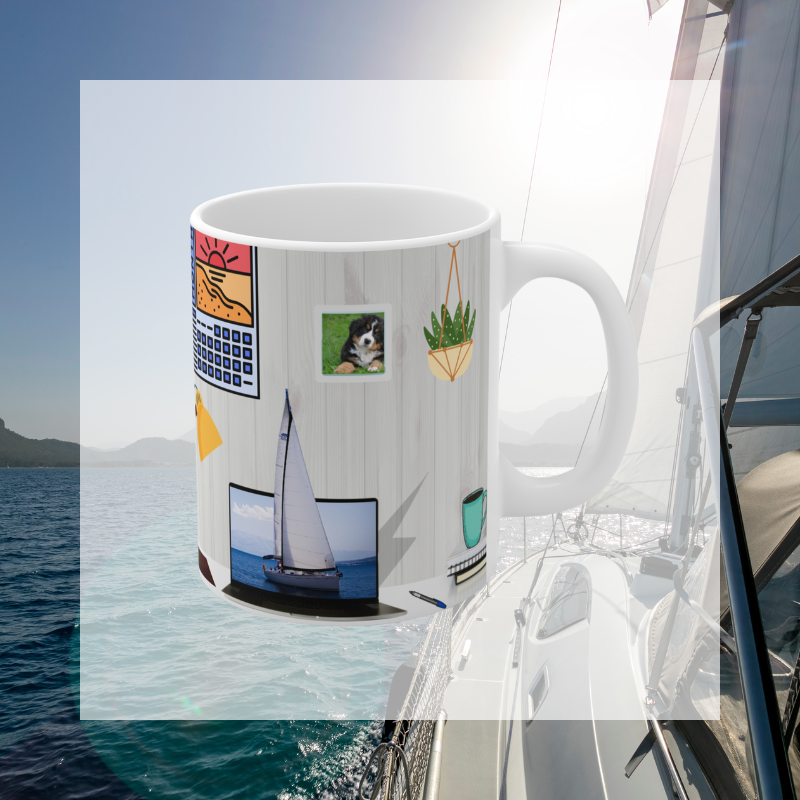 Light gray coffee mug with the text 'Office Sailor: Navigating Deadlines & Daydreams,' featuring a design of a sailboat on a computer screen, blending work-life with nautical inspiration.