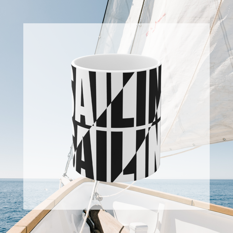 Modern sailing-themed coffee mug with bold black and white typography reading 'SAILING,' perfect for nautical enthusiasts and coffee lovers alike.