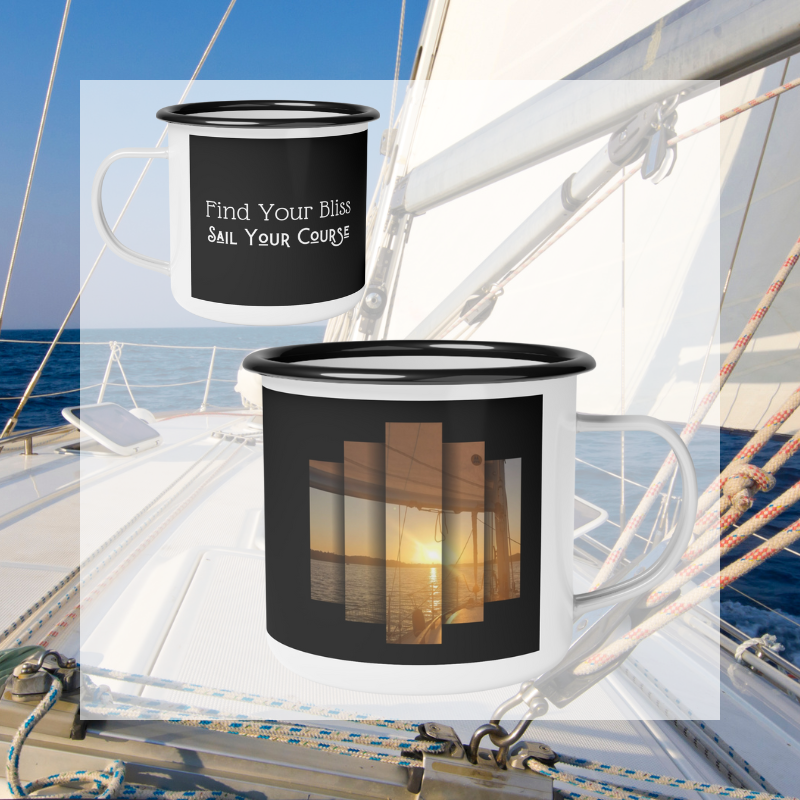 Enamel mug with a serene sailing design featuring a stunning sunset view through sail panels and the inspiring phrase 'Find Your Bliss, Sail Your Course'—ideal for adventurers and dreamers alike.