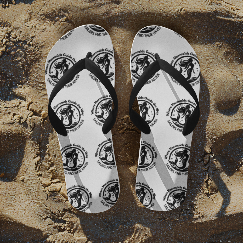 White flip-flops featuring a nautical mermaid design with the text 'Where Mermaids Guide the Way, Sailors Find Their Haven,' perfect for beach days or sailing adventures.