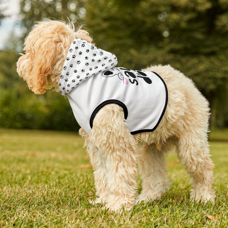 fluffy dog wearing a white and black hoodie with the text 'Best Salty Dog Ever,' sitting on a sailboat deck with a scenic ocean view in the background.