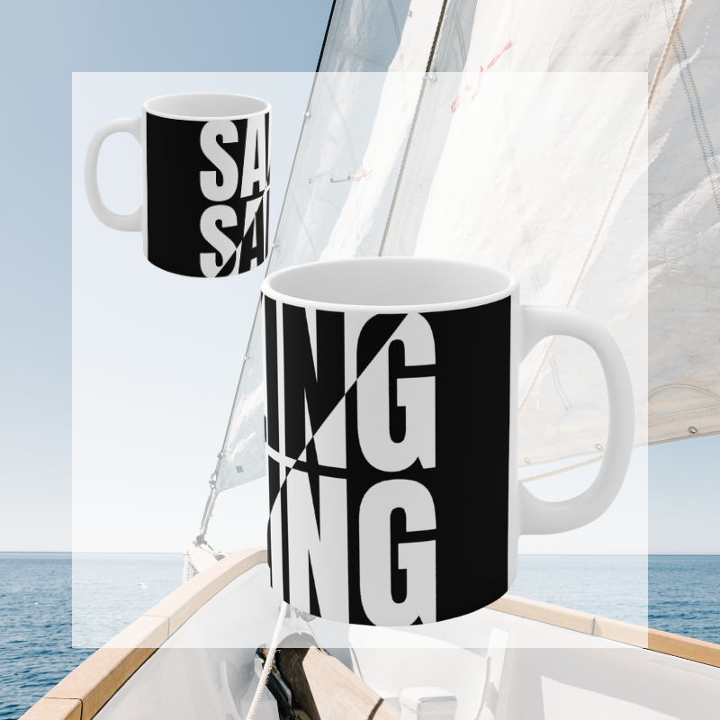 Modern sailing-themed coffee mug with bold black and white typography reading 'SAILING,' perfect for nautical enthusiasts and coffee lovers alike.